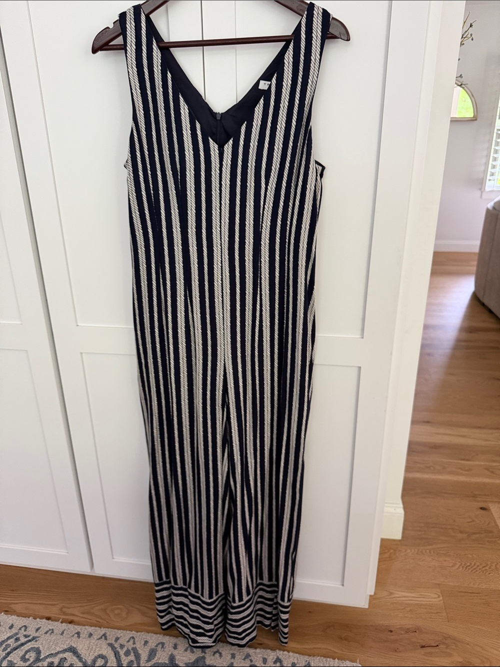 Trina Turk Schooner V-Neck Sleeveless Jumpsuit in Navy and White
